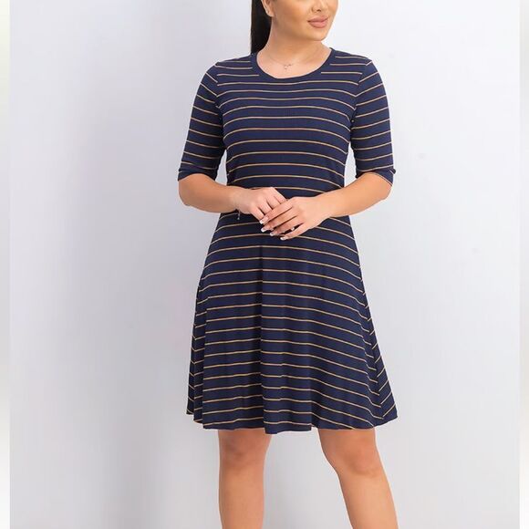 Striped Rib-Knit Fit & Flare Dress- TALL - Picture 5 of 16